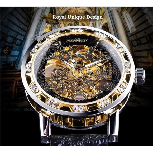 Retro Manual Mechanical Skeleton Watch with Diamond and Carving Flower Craft Men - Picture 2 of 6